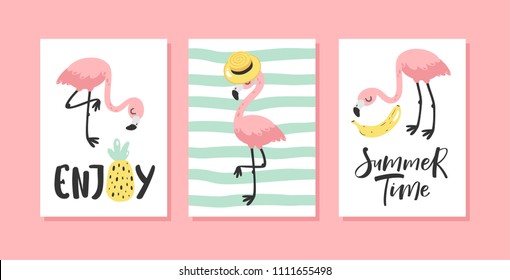 Vector set of bright summer cards with flamingo and hand written text.