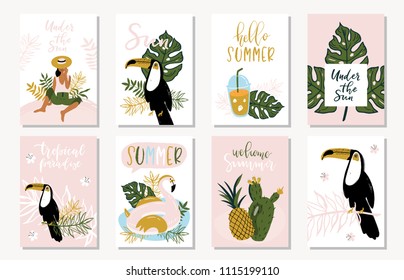 Vector set of bright summer cards. Beautiful posters with toucan, flamingo, girl, mango, palm leaves, hello and hand written text.