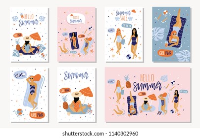 Vector set of bright summer cards. Beautiful posters with girl, pineapple, palm leaves, speech bubble, hello and hand written text.