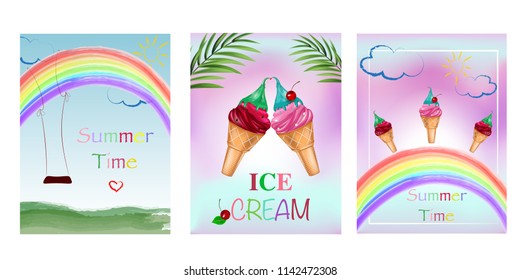 Vector set of bright summer cards. Beautiful Summer Time cards, posters, flyers, party invitations. Summer time template collection. Set of summer sale banner templates
