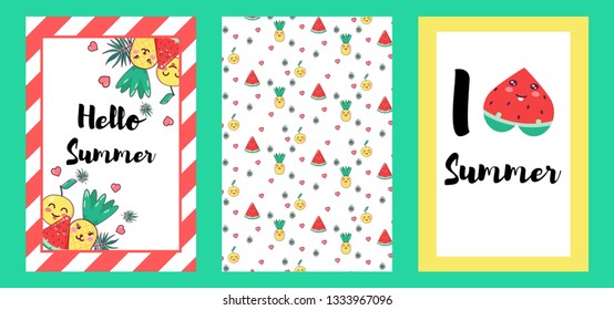 Vector set of bright summer cards. Beautiful summer posters with pineapple, watermelon, lemon, palm leaves and hand written text. Journal cards.