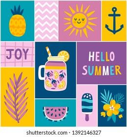 Vector set of bright summer cards. Beautiful summer posters with pineapple, watermelon, palm leaves, smoothie jar, sun, flowers, ice cream and hand written text. Journal cards. Seasonal backgrounds.