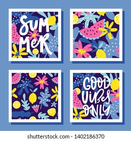 Vector set of bright summer cards or posters with lemons, watermelons, leaves, flowers and hand written text.