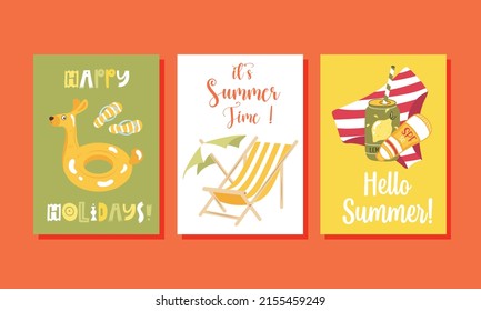 Vector set of bright summer cards. Posters with lemon, beachwear, sunglasess.