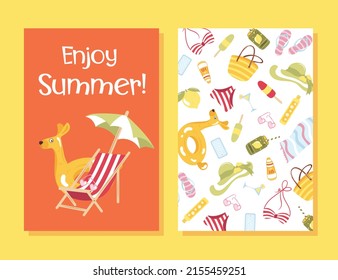 Vector set of bright summer cards. Posters with lemon, beachwear, sunglasess.