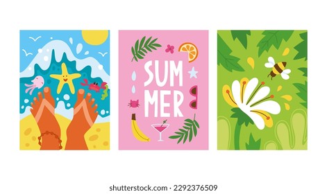 Vector set of bright summer cards in flat hand drawn style. Beautiful summer posters with sea, beach, foots, palm leaves, hand written text, flower, bee. Different summer themed art