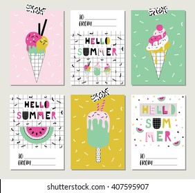 Vector Set Of Bright Summer Cards. Beautiful Summer Posters With Watermelon, Ice Cream, Hello Summer  And Hand Written Text. Journal Cards.