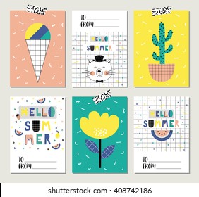Vector set of bright summer cards. Beautiful summer posters with watermelon, ice cream, cactus, hello summer  and hand written text. Journal cards.