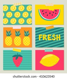 Vector set of bright summer cards. Beautiful summer posters with pineapple, watermelon, lemon, palm leaves and hand written text. Journal cards.