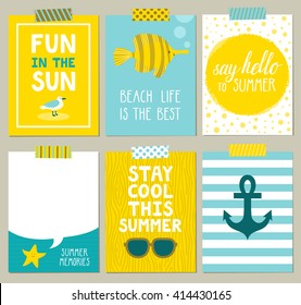 Vector set of bright summer cards. Beautiful summer posters with seagull, anchor, fish, starfish, glasses, sun and hand written text. Journal cards.