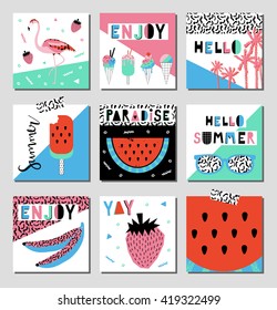 Vector set of bright summer cards. Beautiful summer posters with watermelon, ice cream, hello summer and hand written text. Journal cards.