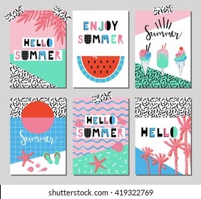 Vector set of bright summer cards. Beautiful posters with watermelon, ice cream, hello and hand written text.