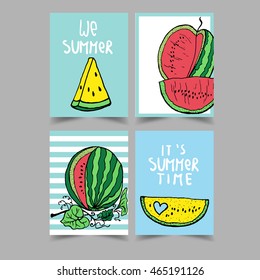 Vector set of bright summer cards. Beautiful summer posters with watermelon and hand written text. 