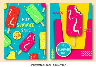 Vector set of bright summer cards with realistic paper style ice cream and cool geometric shapes. Hot summer sale banner, poster, flyer template