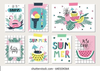 Vector set of bright summer cards. Beautiful posters with flamingo, watermelon, ice cream, hello and hand written text.