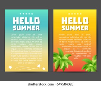 Vector set of bright summer cards. Beautiful summer posters with palm trees, sea and beach, stars and  text. - stock vector