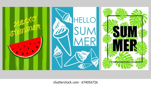 Vector set of bright summer cards. Beautiful summer abstract posters with text. Magazine cards. Tropical vegetation, ice cream, watermelon