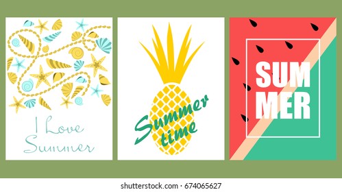Vector set of bright summer cards. Beautiful summer abstract posters with text. Magazine cards. Watermelon, pineapple, starfish, seashells.