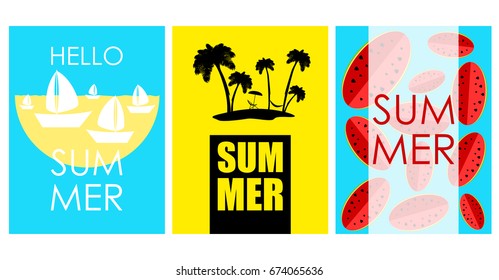 Vector set of bright summer cards. Beautiful summer abstract posters with text. Magazine cards. Watermelon, palms, ship.