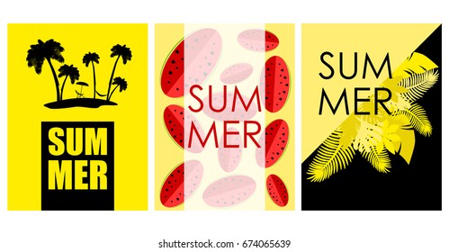 Vector set of bright summer cards. Beautiful summer abstract posters with text. Magazine cards. Watermelon, palms.
