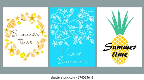 Vector set of bright summer cards. Beautiful summer abstract posters with text. Magazine cards. Pineapple, starfish, seashells.