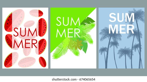 Vector set of bright summer cards. Beautiful summer abstract posters with text. Magazine cards. Watermelon, palms.
