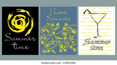 Vector set of bright summer cards. Beautiful summer abstract posters with text. Magazine cards. Starfish, seashells, cocktail.