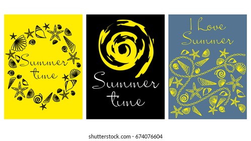 Vector set of bright summer cards. Beautiful summer abstract posters with text. Magazine cards. Starfish, seashells.