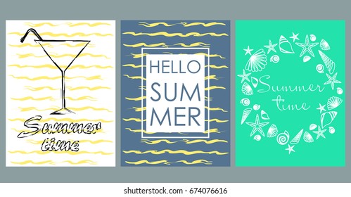 Vector set of bright summer cards. Beautiful summer abstract posters with text. Magazine cards. Starfish, seashells, cocktail,  waves.