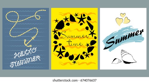 Vector set of bright summer cards. Beautiful summer abstract posters with text. Magazine cards. Starfish, seashells.