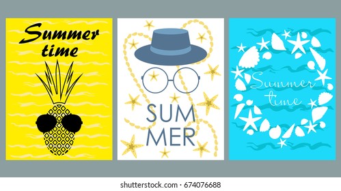 Vector set of bright summer cards. Beautiful summer abstract posters with text. Magazine cards. Pineapple, starfish, seashells.