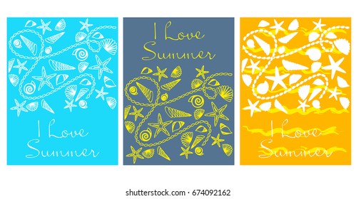 Vector set of bright summer cards. Beautiful summer abstract posters with text. Magazine cards. Starfish, seashells.