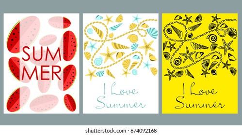 Vector set of bright summer cards. Beautiful summer abstract posters with text. Magazine cards. Waves, watermelon, starfish, seashells.