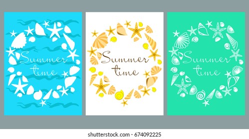 Vector set of bright summer cards. Beautiful summer abstract posters with text. Magazine cards. Starfish, seashells, waves.