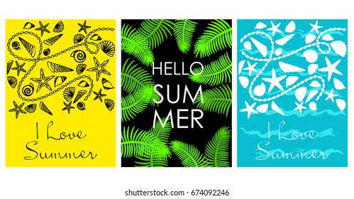 Vector set of bright summer cards. Beautiful summer abstract posters with text. Magazine cards. Starfish, seashells, palm trees.