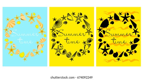Vector set of bright summer cards. Beautiful summer abstract posters with text. Magazine cards. Starfish, seashells.