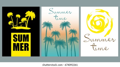 Vector set of bright summer cards. Beautiful summer abstract posters with text. Magazine cards. Palm trees.