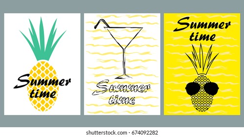 Vector set of bright summer cards. Beautiful summer abstract posters with text. Magazine cards. Pineapple, cocktail, waves