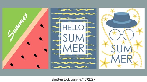 Vector set of bright summer cards. Beautiful summer abstract posters with text. Magazine cards. Waves, watermelon, starfish, seashells.