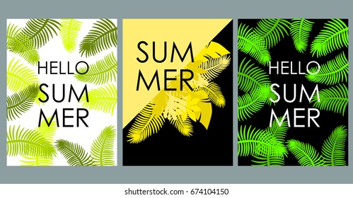 Vector set of bright summer cards. Beautiful summer abstract posters with text. Magazine cards. Palm trees.