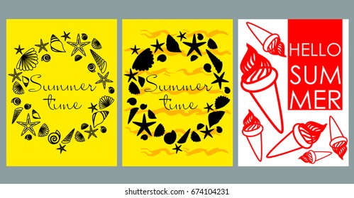 Vector set of bright summer cards. Beautiful summer abstract posters with text. Magazine cards. Ice cream,  starfish, seashells.