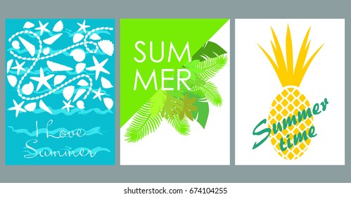 Vector set of bright summer cards. Beautiful summer abstract posters with text. Magazine cards. Tropical vegetation, waves, pineapple, starfish, seashells.