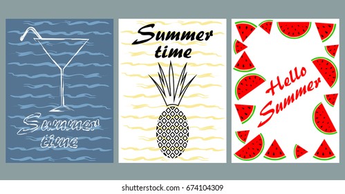 Vector set of bright summer cards. Beautiful summer abstract posters with text. Magazine cards. Watermelon, pineapple, cocktail