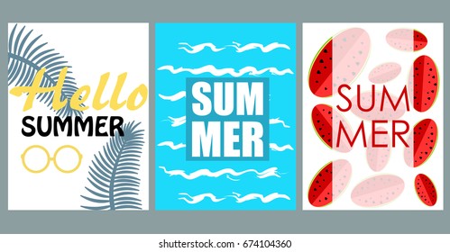 Vector set of bright summer cards. Beautiful summer abstract posters with text. Magazine cards. Tropical vegetation, waves, watermelon.