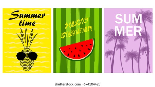 Vector set of bright summer cards. Beautiful summer abstract posters with text. Magazine cards. Tropical vegetation, watermelon, pineapple, palm trees, ship.