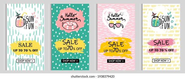 Vector set of bright summer greeting cards. Beautiful summer posters with cocktail party, sunglasses, lifeline, and handwritten text. Magazine cards. discount, sale, for storis