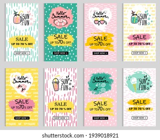 Vector set of bright summer greeting cards. Beautiful summer posters with cocktail party, sunglasses, lifeline, and handwritten text. Magazine cards. discount, sale, for storis