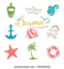 Vector set of bright summer and travel symbols. Vintage icons for your tropical design isolated on white background. 