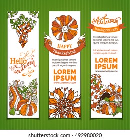 Vector set of bright Thanksgiving vertical banners. Cornucopia, pumpkin, corn, sunflower, grape, apple and pear, acorn, autumn leaves and others. Hand-lettering. Traditional harvest autumn symbols.