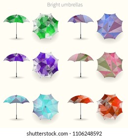 Vector set of bright umbrellas with triangles - green, white, blue, red, violet. Vector illustration, isolated.